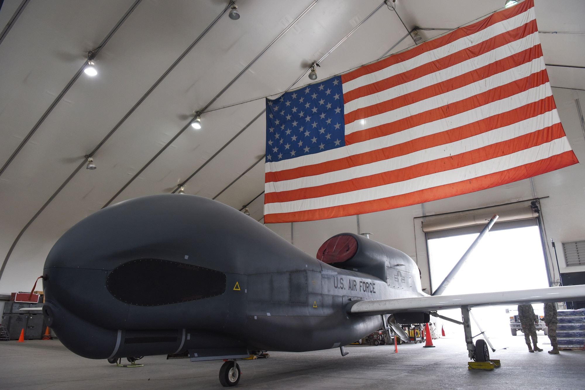 An RQ-4 Global Hawk sits in a hangar Feb. 17, 2019 at Al Dhafra Air Base, United Arab Emirates.