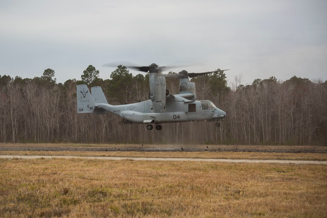 MV-22 Osprey lands during a simulated airfield occupation and security scenario on Camp Lejeune, North Carolina Feb. 19, 2019. The exercise was conducted to increase proficiency and enhance crisis response procedures as a composited Marine Air-Ground Task Force. The aircraft is with Marine Medium Tiltrotor Squadron 261. (U.S. Marine Corps photos by Lance Cpl. Larisa Chavez)