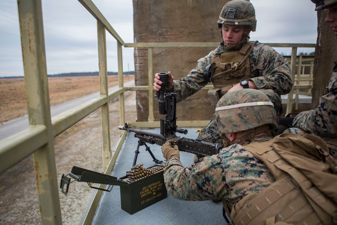 Marines load an M240B machine gun during a simulated airfield occupation and security exercise on Camp Lejeune, North Carolina Feb. 19, 2019. The exercise was conducted to increase proficiency and enhance procedures as a composited Marine Air-Ground Task Force. The Marines are with 1st Battalion, 8th Marine Regiment, 24th Marine Expeditionary Unit. (U.S. Marine Corps photos by Lance Cpl. Larisa Chavez)