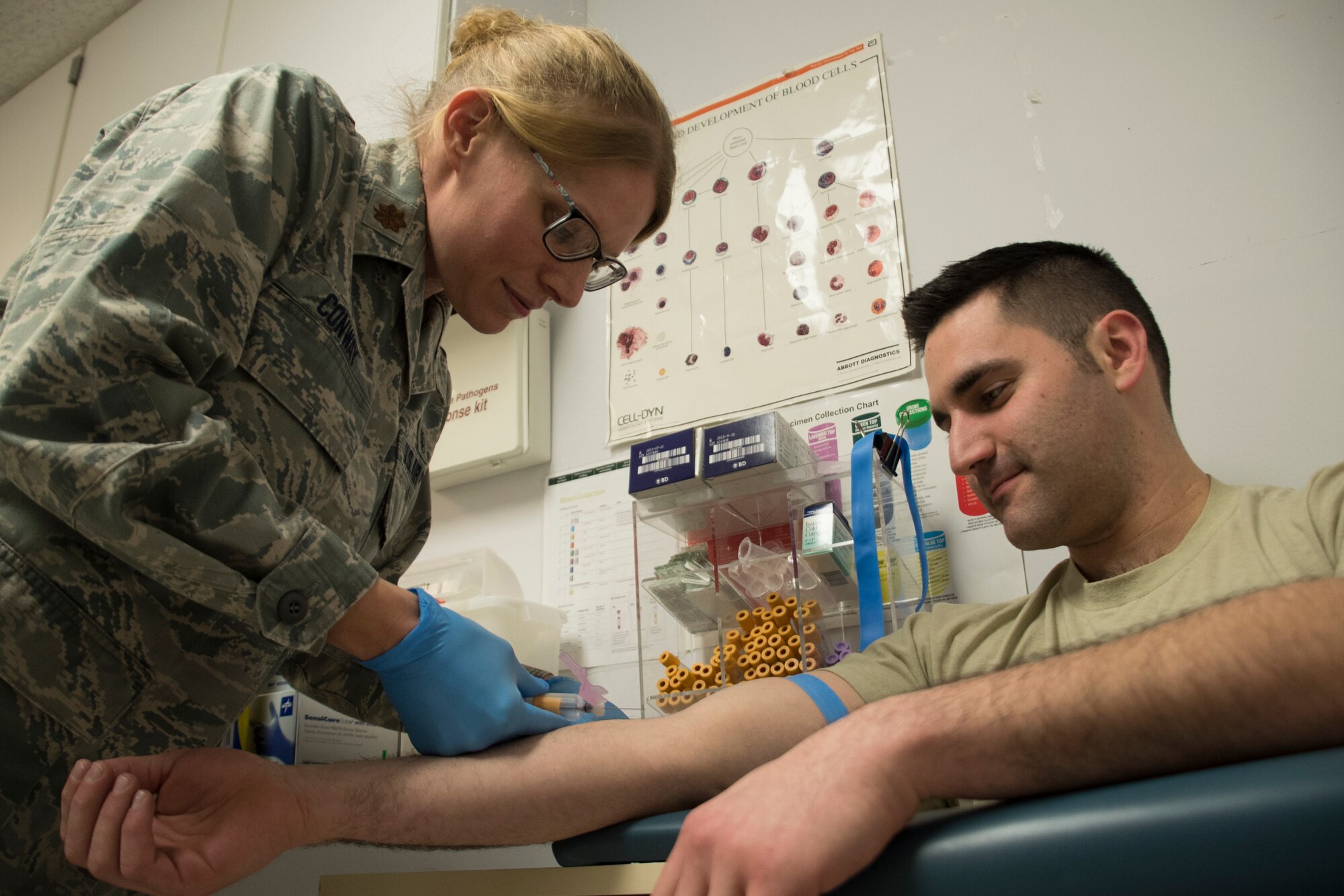 U.S. Air Force Maj. Devin Conway, a clinical nurse at the 179th Airlift Wing, Mansfield, Ohio, performs a blood draw at the 179th AW, Feb. 9, 2019. Conway has served in the Air Force in the medical field for 19 years. (U.S. Air National Guard photo by Senior Airman Megan Shepherd)
