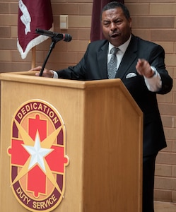 Retired U.S. Army Lt. Col. Otis Mitchell speaks at Brooke Army Medical Center’s Black History Month observance Feb. 20, 2019. Mitchell, a reverend, is a member of the Baptist Ministers Union, the Community of Churches for Social Action, the NAACP, as well as a founder and past president of the Fort Huachuca Rocks, Inc., a military officer organization.