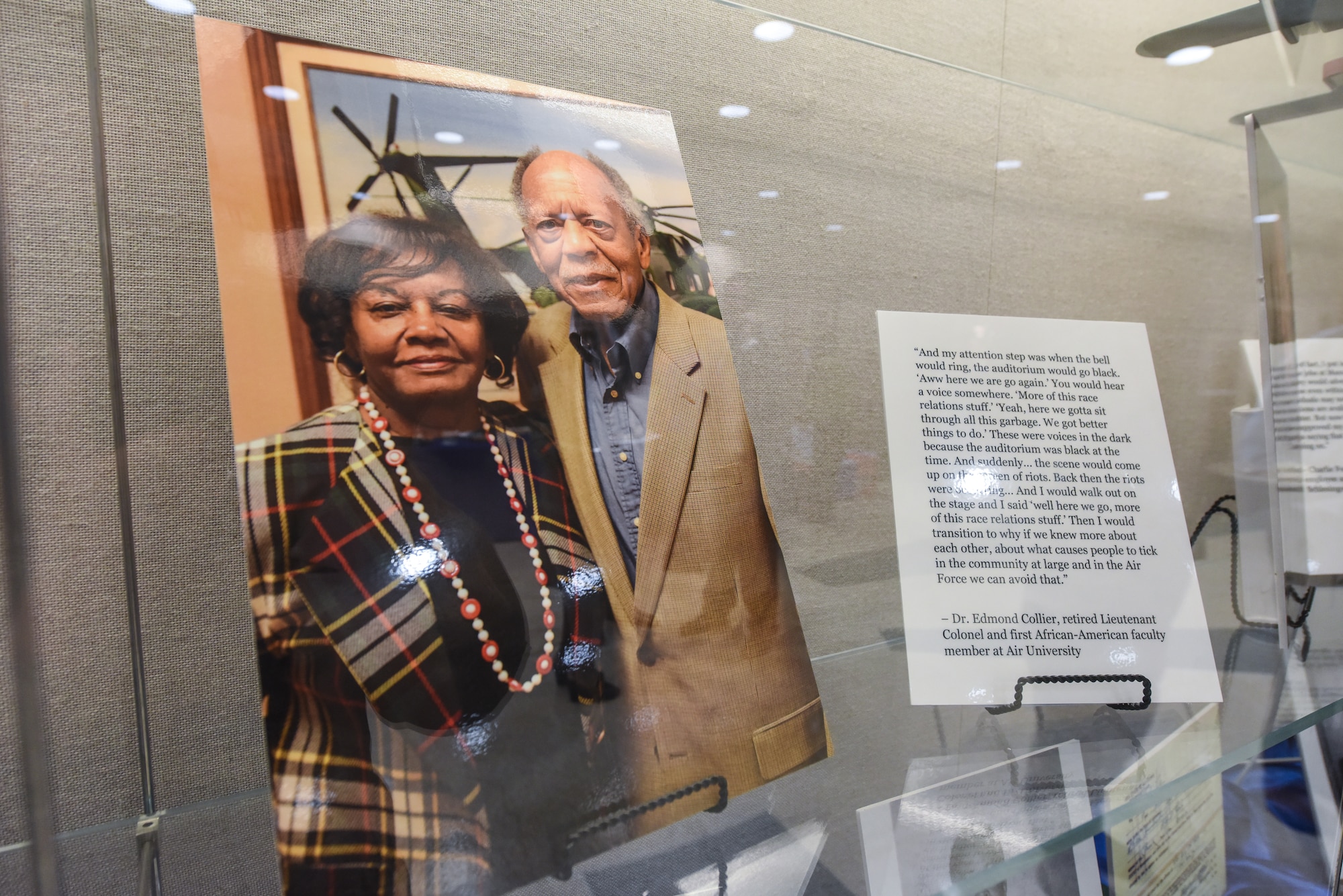 Dr. Edmond Collier, retired lieutenant colonel and first African – American faculty member at Air University, and his wife, Alma, are featured in the “Maxwell and the Movement” exhibit at the Muir S. Fairchild Research Information Center, Feb. 21, 2019, Maxwell Air Force Base, Alabama. Collier’s impact on Air University’s history was validated with his inclusion in the exhibit, Collier and his wife both said that they greatly enjoyed their time at AU. (U.S. Air Force photo by Senior Airman Alexa Culbert)