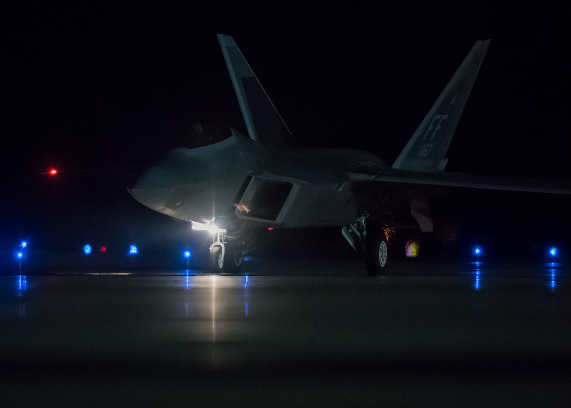 A U.S. Air Force F-22 Raptor taxis on the flightline at Joint Base Langley-Eustis, Virginia, Feb. 21, 2018.