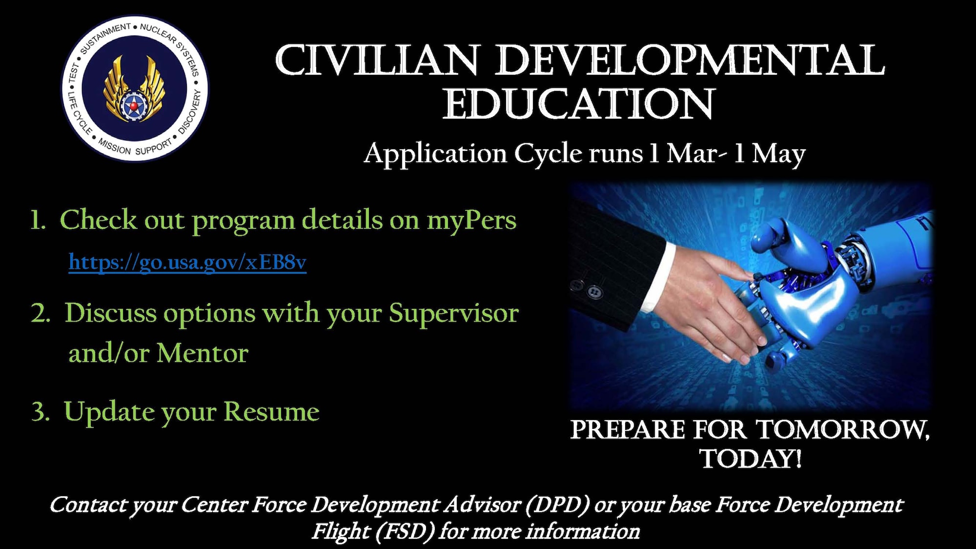 The 2020 civilian developmental education application window is open March 1-May 1, 2019. Program details can be found at mypers.af.mil. (U.S. Air Force graphic)