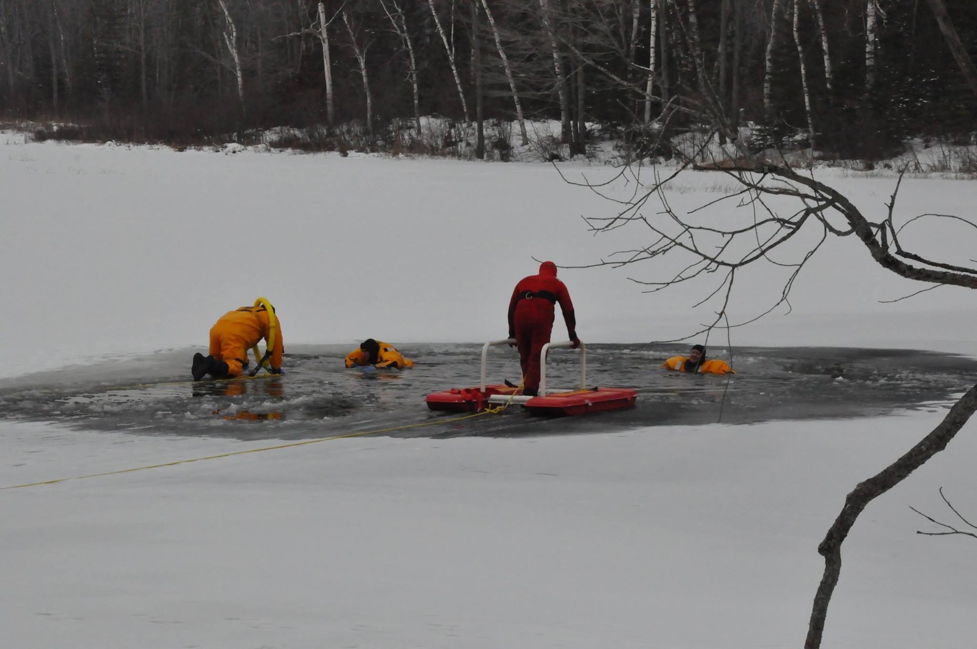 Firefighters train for readiness in Ice and Cold water rescue.