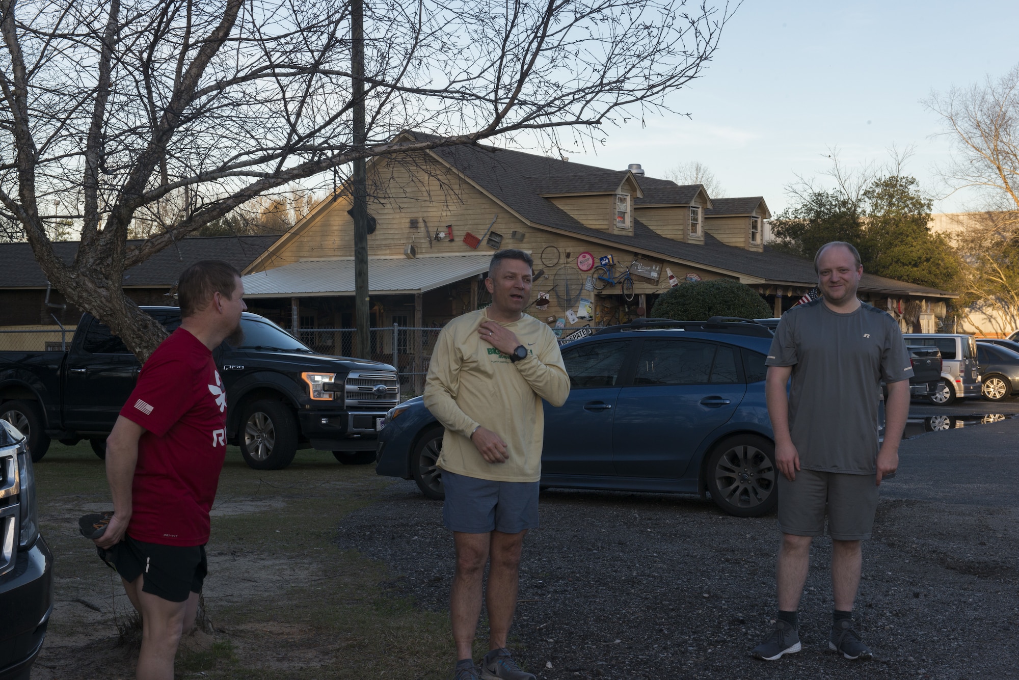 Runners of the Red White and Blue running group warm-up and stretch before a run in Sumter S.C., Feb. 25, 2019.