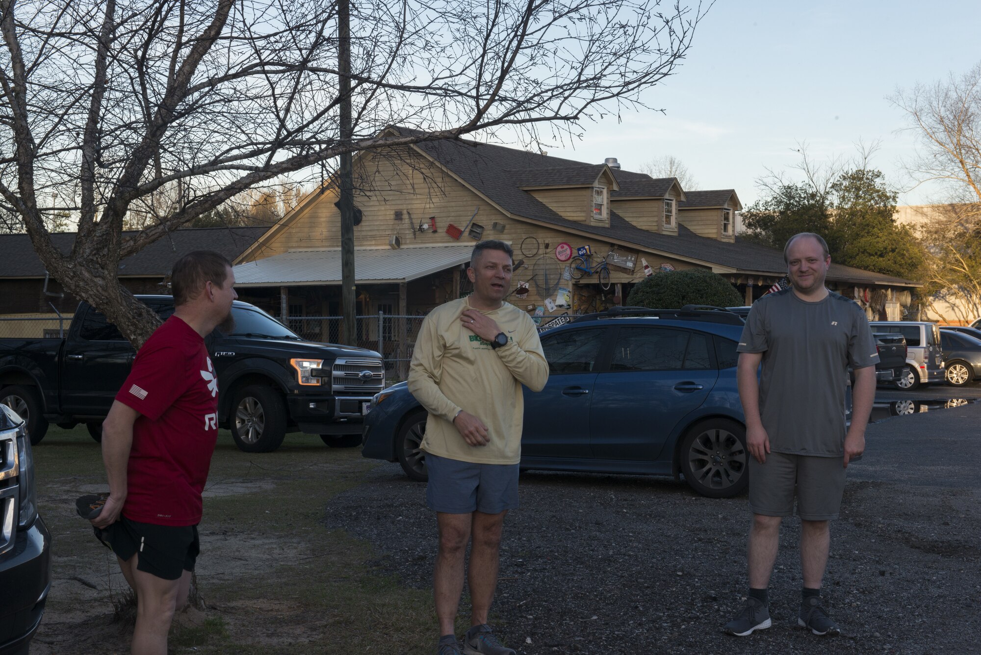 Runners of the Red White and Blue running group warm-up and stretch before a run in Sumter S.C., Feb. 25, 2019.