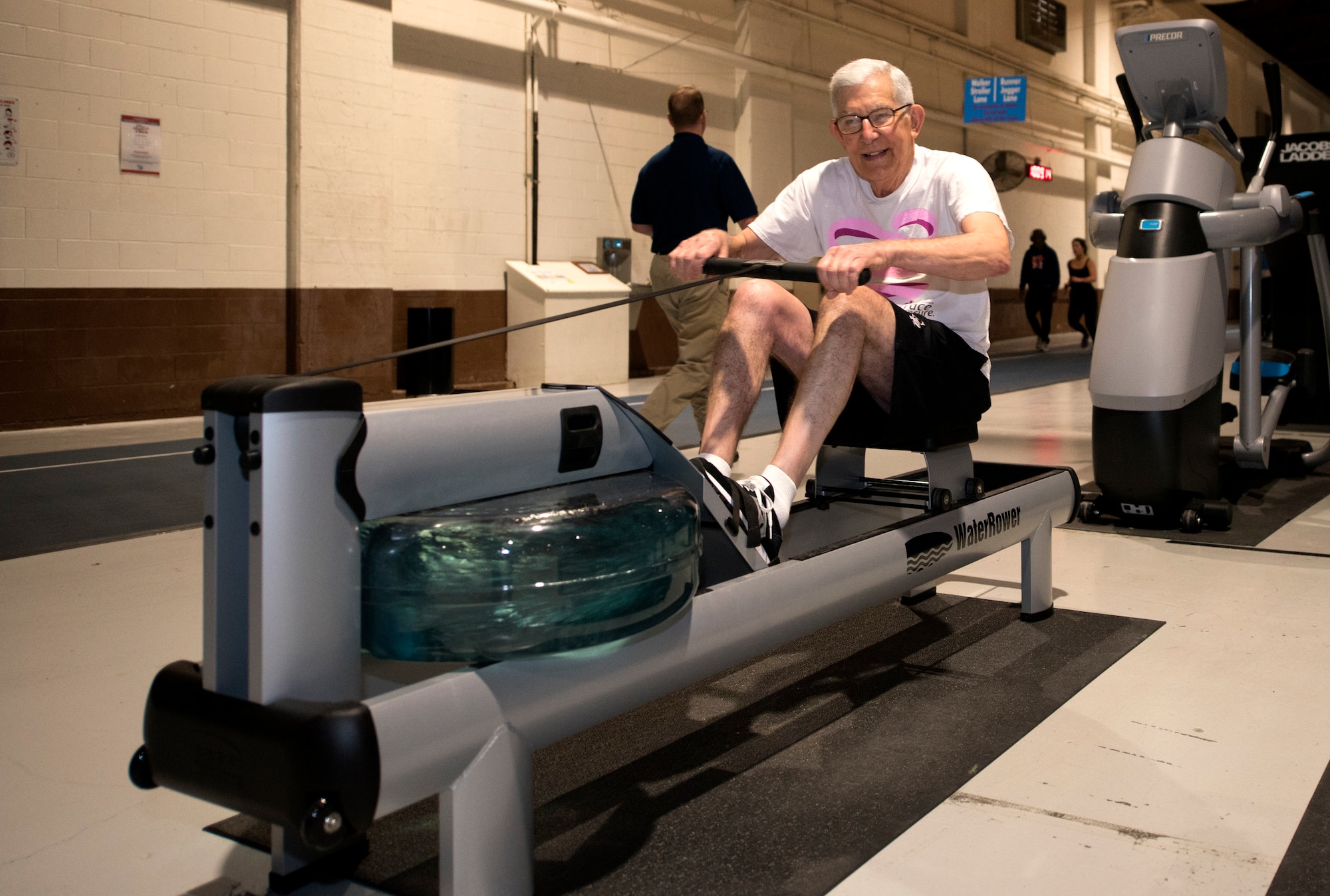 Retired Army Lt. Col. Tom Reiva utilizes a water rower Feb. 15, 2019, on Offutt Air Force Base, Neb. The 55th Force Support Squadron purchased six water rowers for Team Offutt members to improve their physical readiness. (U.S. Air Force photo by L. Cunningham)