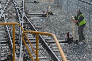 Thomas DeRosier, 733rd Logistics Readiness Squadron, Transportation section, utility rail branch locomotive engineer, operates a switch on a rail line at Joint Base Langley-Eustis, Virginia, Feb. 15, 2019. The U.S. Army closed the military occupation specialty to active duty and now only has Army Reserve and civilian railway operations crewmembers. (U.S. Air Force photo by Senior Airman Derek Seifert)
