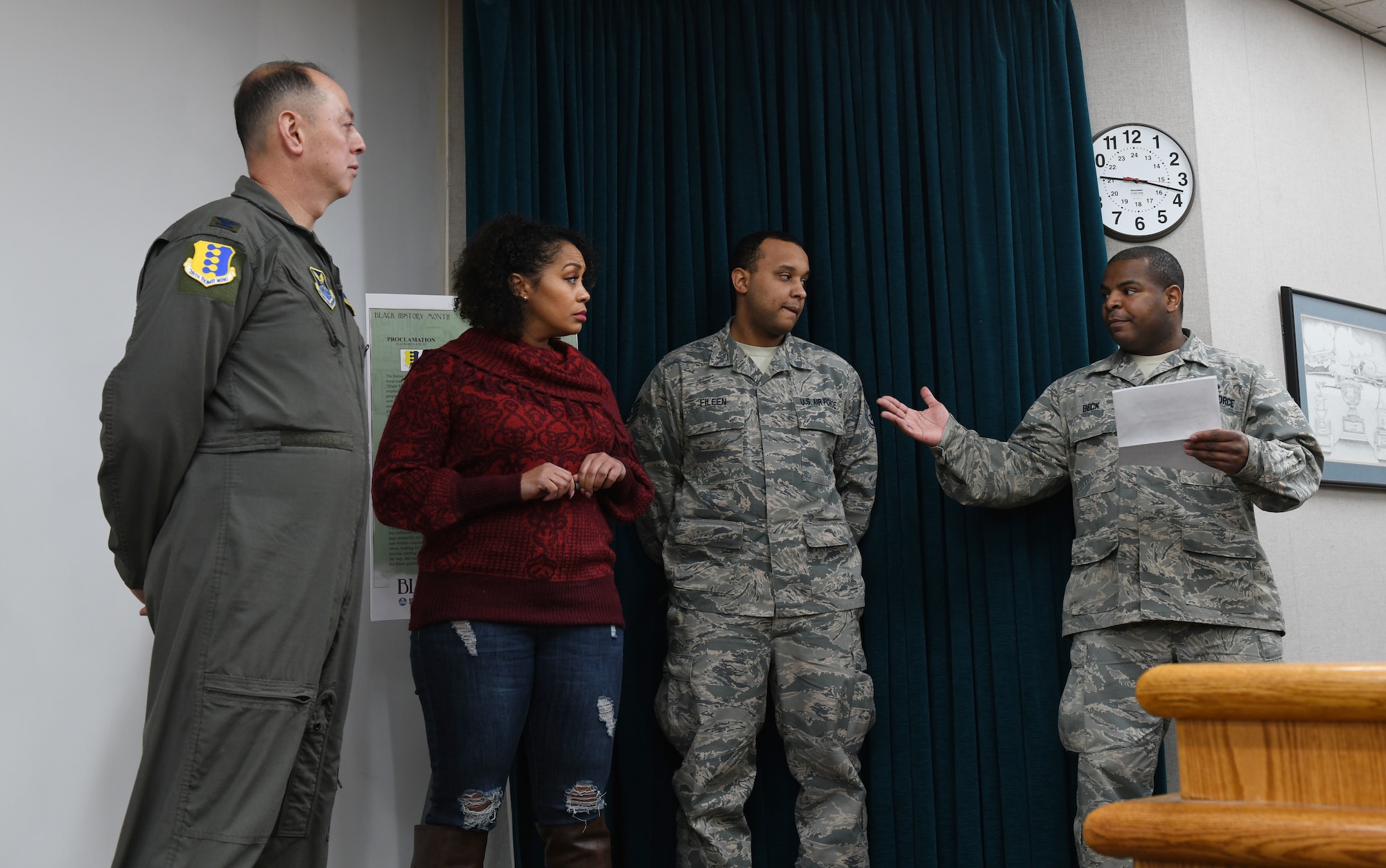Tech. Sgt. James Beck, the 34th Bomb Squadron aviation resource management noncommissioned officer in charge, speaks about base events being held in recognition of African American History Month at Ellsworth Air Force Base, S.D., Feb. 14, 2019. The African American Heritage Committee assembled a proclamation to be signed by Col. John Edwards, the 28th Bomb Wing commander. (U.S. Air Force photo by Airman 1st Class Christina Bennett)