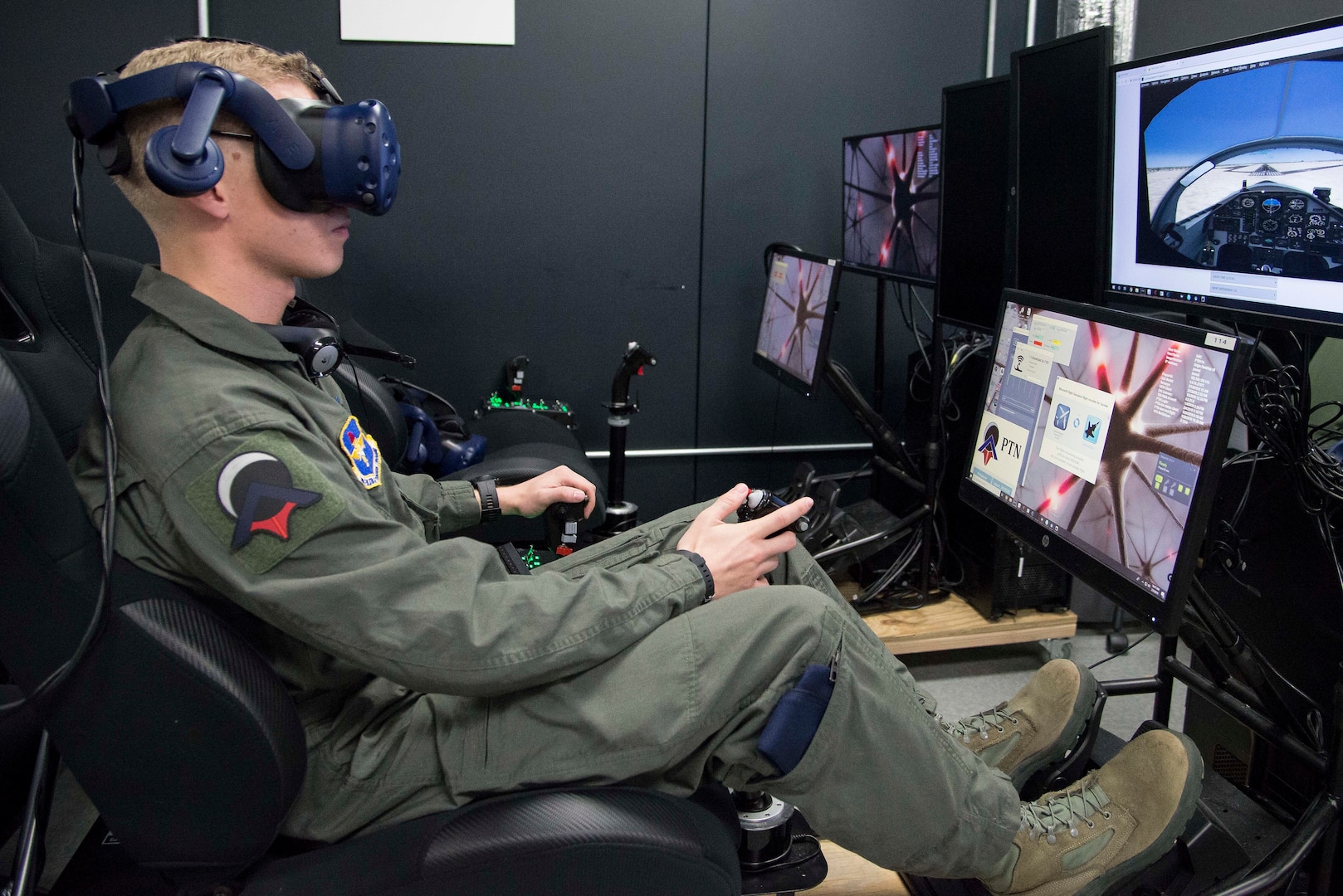Airman First Class Shane Stewart, Pilot Training Next student, trains on a virtual reality flight simulator at the Armed Forces Reserve Center in Austin, Texas, Feb. 5, 2019. The instruction in this second version is shaped from the success of and lessons learned from the first PTN program, where 13 officers graduated in June 2018 and progressed to advanced training across multiple platforms. (U.S. Air Force photo by Sean M. Worrell)