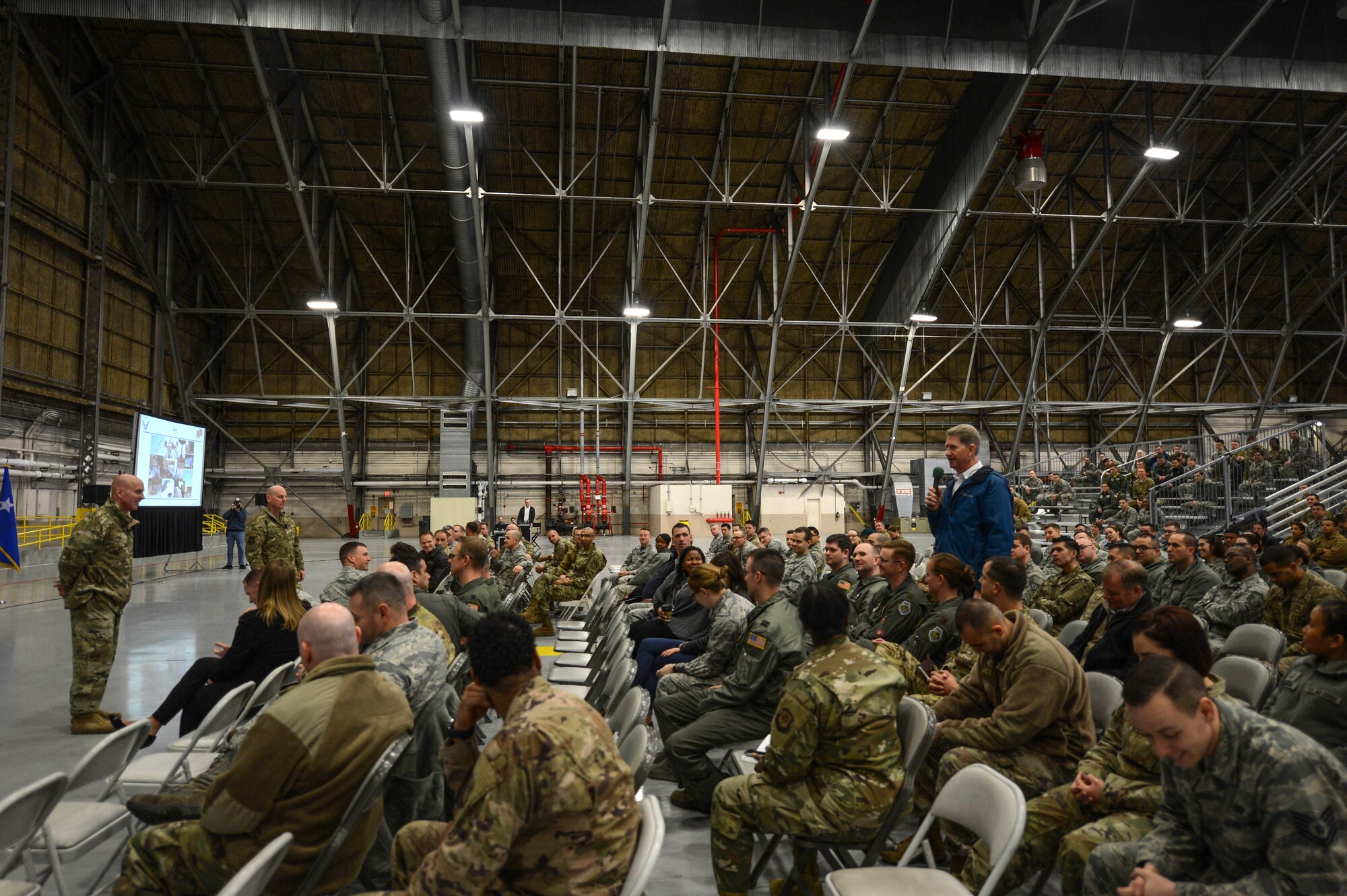 Maj. Gen. Sam Barrett, 18th Air Force commander, takes questions from the audience during an all call, Feb. 22, 2019, at Joint Base Lewis-McChord, Wash.