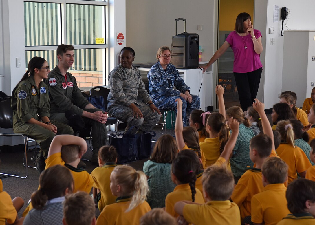 U.S. Air Force and Royal Australian Air Force members talk to Lara Primary School students in Geelong, Victoria, Australia, Feb. 26, 2019.