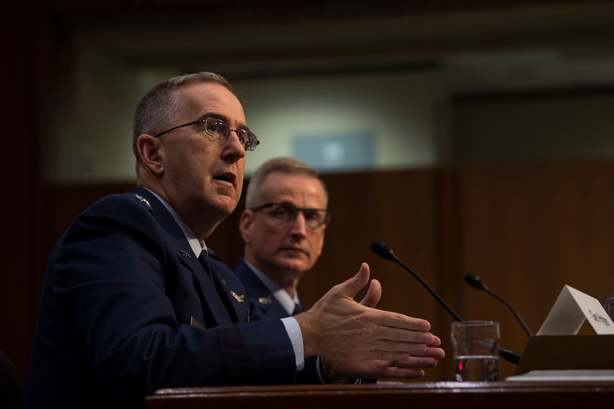 U.S. Strategic Command Commander Gen. John E. Hyten, and U.S. Northern Command and North American Aerospace Defense Command Commander Gen. Terrence J. O'Shaughnessy testify before the U.S. Senate Committee on Armed Services  on United States Strategic Command and United States Northern Command in review of the Defense Authorization Request for Fiscal Year 2020 and the Future Years Defense Program at the Hart Senate Building in Washington, D.C., Feb. 26, 2019.
