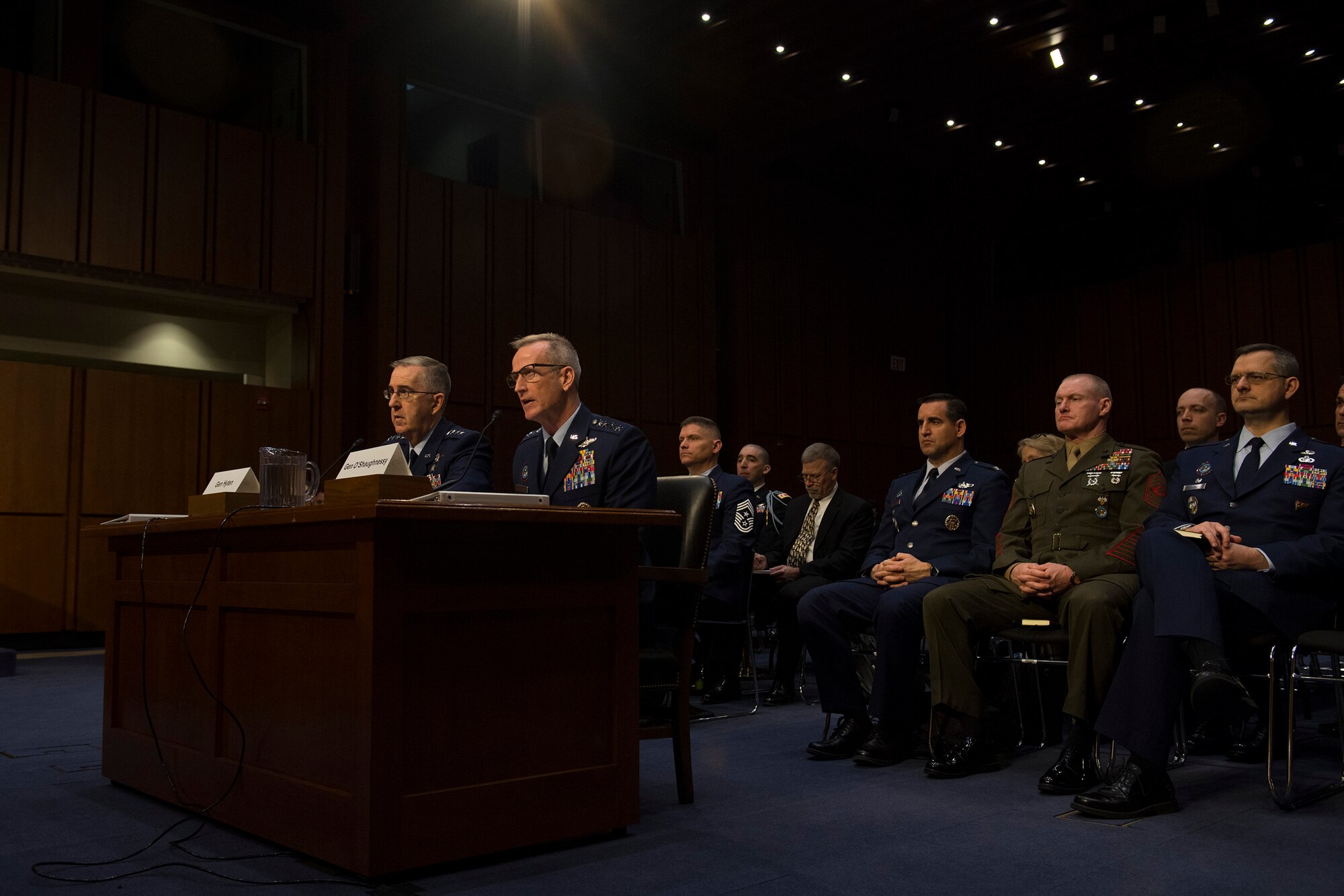 U.S. Strategic Command Commander Gen. John E. Hyten, and U.S. Northern Command and North American Aerospace Defense Command Commander Gen. Terrence J. O'Shaughnessy testify before the U.S. Senate Committee on Armed Services  on United States Strategic Command and United States Northern Command in review of the Defense Authorization Request for Fiscal Year 2020 and the Future Years Defense Program at the Hart Senate Building in Washington, D.C., Feb. 26, 2019.