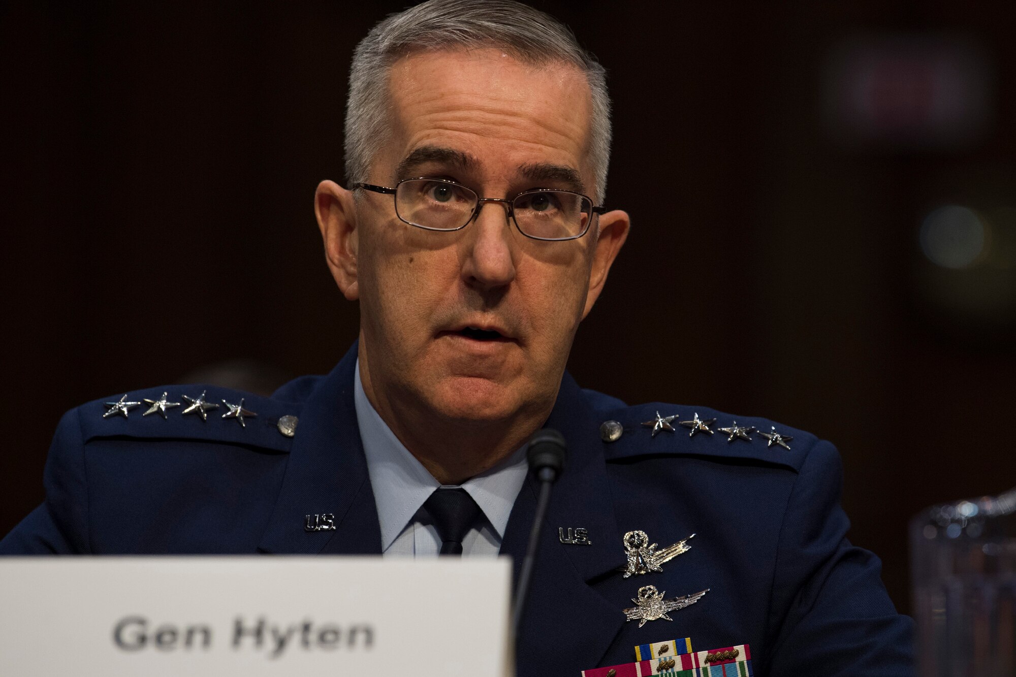 U.S. Strategic Command Commander Gen. John E. Hyten, and U.S. Northern Command and North American Aerospace Defense Command Commander Gen. Terrence J. O'Shaughnessy testify before the U.S. Senate Committee on Armed Services  on United States Strategic Command and United States Northern Command in review of the Defense Authorization Request for Fiscal Year 2020 and the Future Years Defense Program at the Hart Senate Building in Washington, D.C., Feb. 26, 2019.