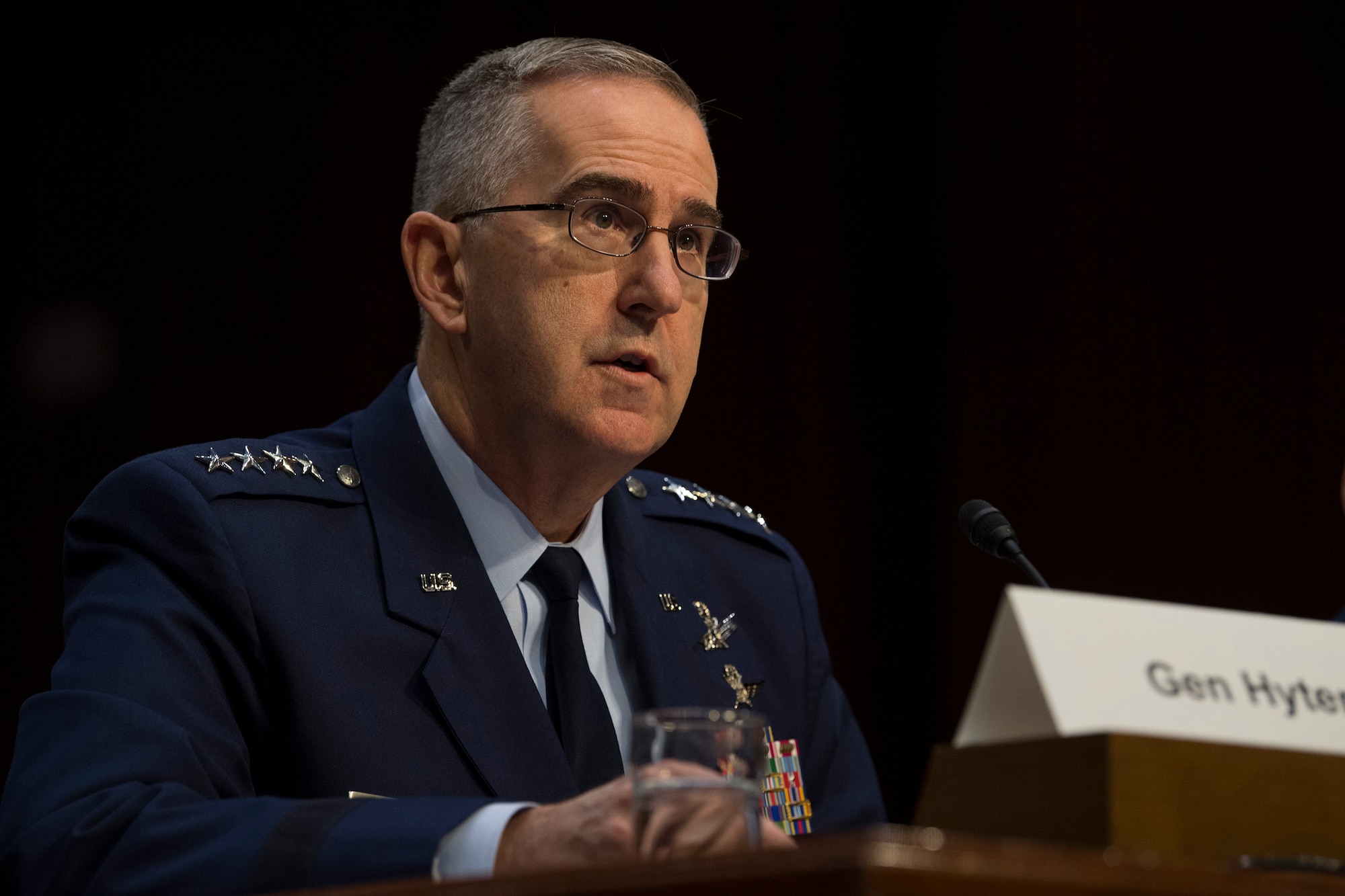 U.S. Strategic Command Commander Gen. John E. Hyten, and U.S. Northern Command and North American Aerospace Defense Command Commander Gen. Terrence J. O'Shaughnessy testify before the U.S. Senate Committee on Armed Services  on United States Strategic Command and United States Northern Command in review of the Defense Authorization Request for Fiscal Year 2020 and the Future Years Defense Program at the Hart Senate Building in Washington, D.C., Feb. 26, 2019.