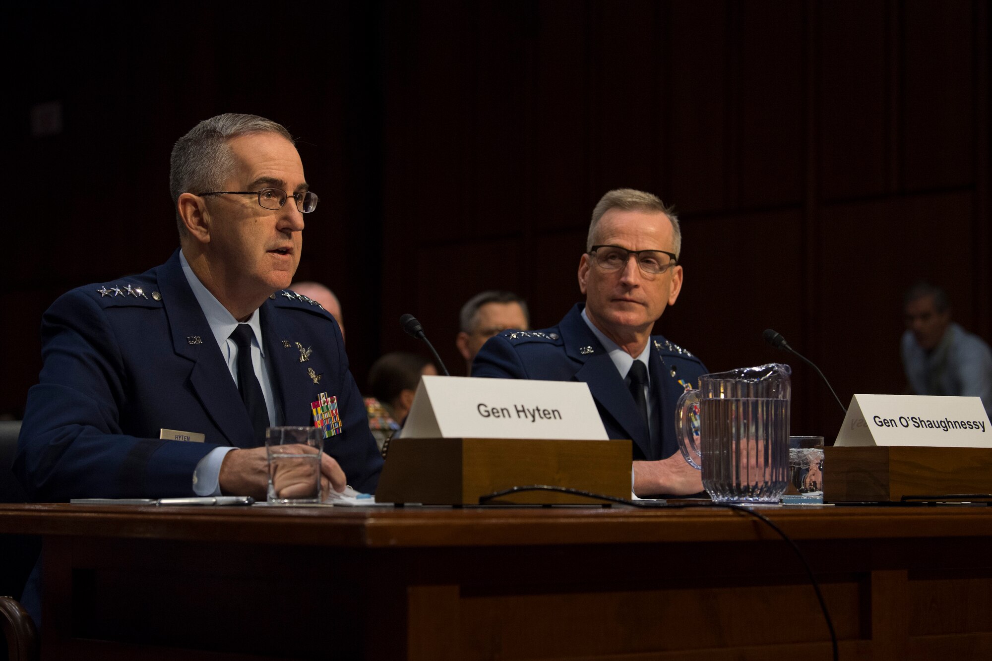U.S. Strategic Command Commander Gen. John E. Hyten, and U.S. Northern Command and North American Aerospace Defense Command Commander Gen. Terrence J. O'Shaughnessy testify before the U.S. Senate Committee on Armed Services  on United States Strategic Command and United States Northern Command in review of the Defense Authorization Request for Fiscal Year 2020 and the Future Years Defense Program at the Hart Senate Building in Washington, D.C., Feb. 26, 2019.
