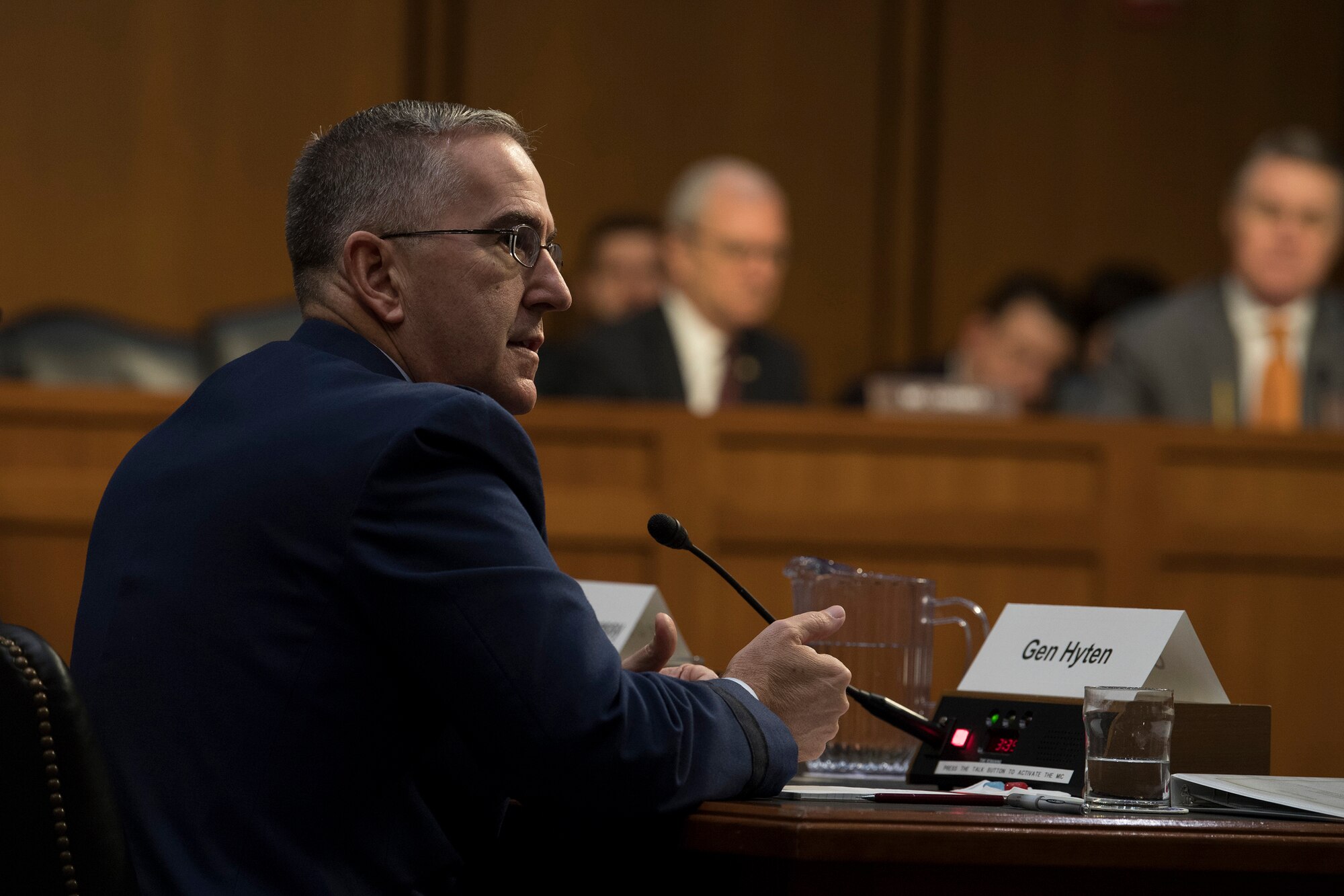 U.S. Strategic Command Commander Gen. John E. Hyten, and U.S. Northern Command and North American Aerospace Defense Command Commander Gen. Terrence J. O'Shaughnessy testify before the U.S. Senate Committee on Armed Services  on United States Strategic Command and United States Northern Command in review of the Defense Authorization Request for Fiscal Year 2020 and the Future Years Defense Program at the Hart Senate Building in Washington, D.C., Feb. 26, 2019.