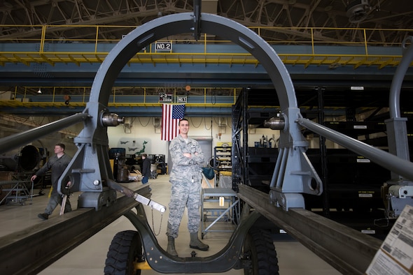 U.S. Air Force Staff Sgt. Anthony Thomas, a 35th Maintenance Squadron jet engine intermediate maintenance dock chief, pauses for a photo at Misawa Air Base, Japan, Feb. 25, 2019. Propulsions Airmen overcame the challenge of operating with a temporary storage facility that did not meet their needs. The flight received nomination for the General Welsh Air Force award and won the 35th Fighter Wing’s Team of the Year award. (U.S. Air Force photo by Airman 1st Class Collette Brooks)