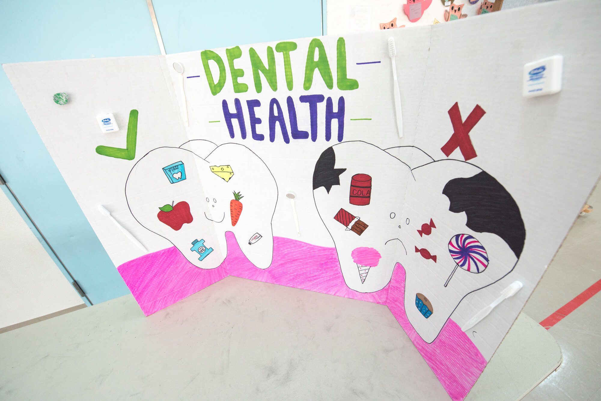 The 35th Dental Squadron displays a dental health board during a National Dental Health Month workshop at Misawa Air Base, Japan, Feb. 26, 2019. While a heightened perception of dentistry was one of many goals during this event, the dental professionals also sought to mitigate oral nuisances like cavities. (U.S. Air Force photo by Airman 1st Class Collette Brooks)