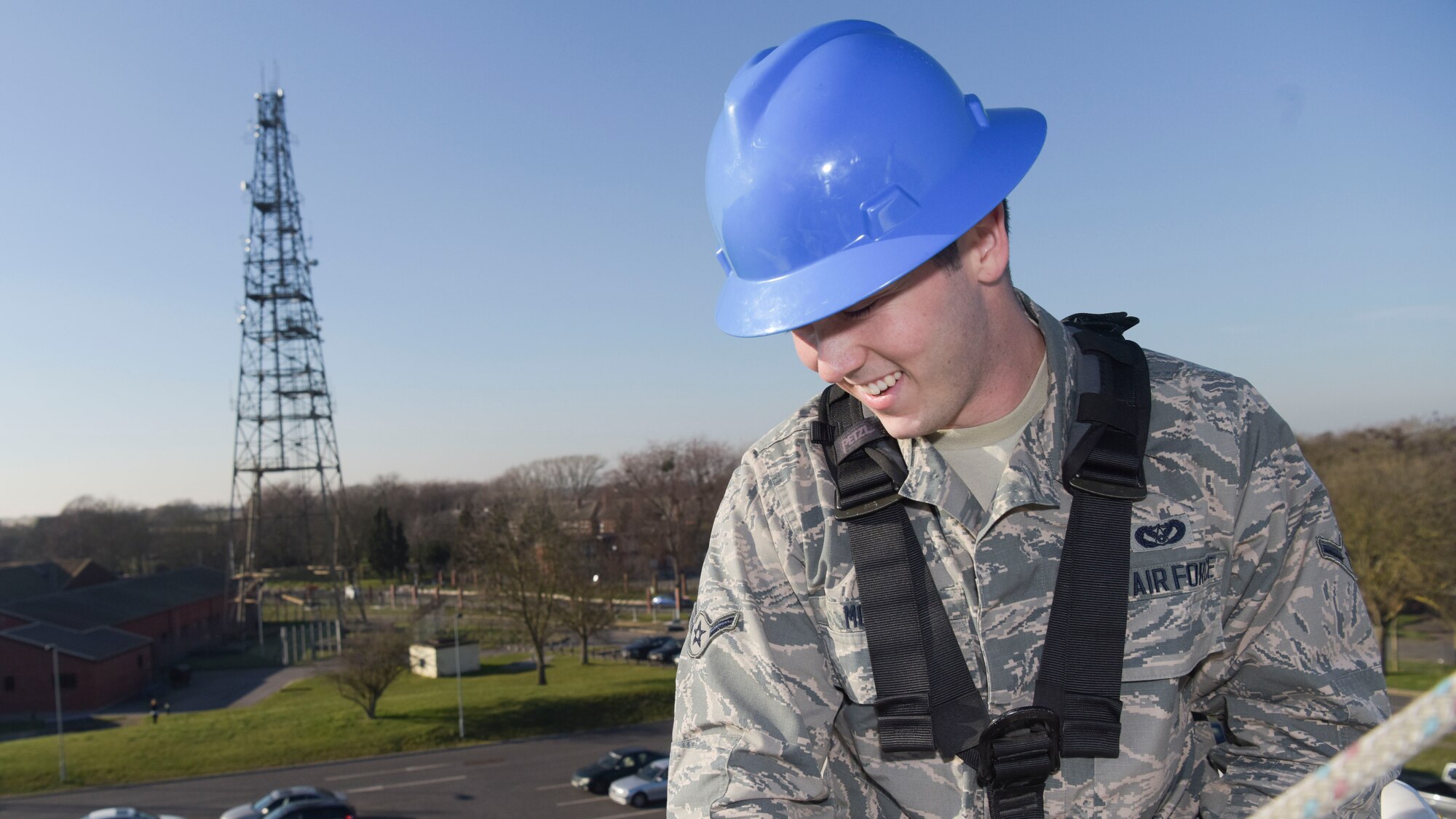 U.S. Air Force Airman Benjamin Moran, 100th Civil Engineer Squadron electrical systems apprentice, replaces a traditional street light with a light-emitting diode (LED) light bulb at RAF Mildenhall, England, Feb. 25, 2019. All of RAF Mildenhall runs off some type of electricity and the 100th CES electrical systems play a major role in keeping it running. (U.S. Air Force photo by Airman 1st Class Alexandria Lee)