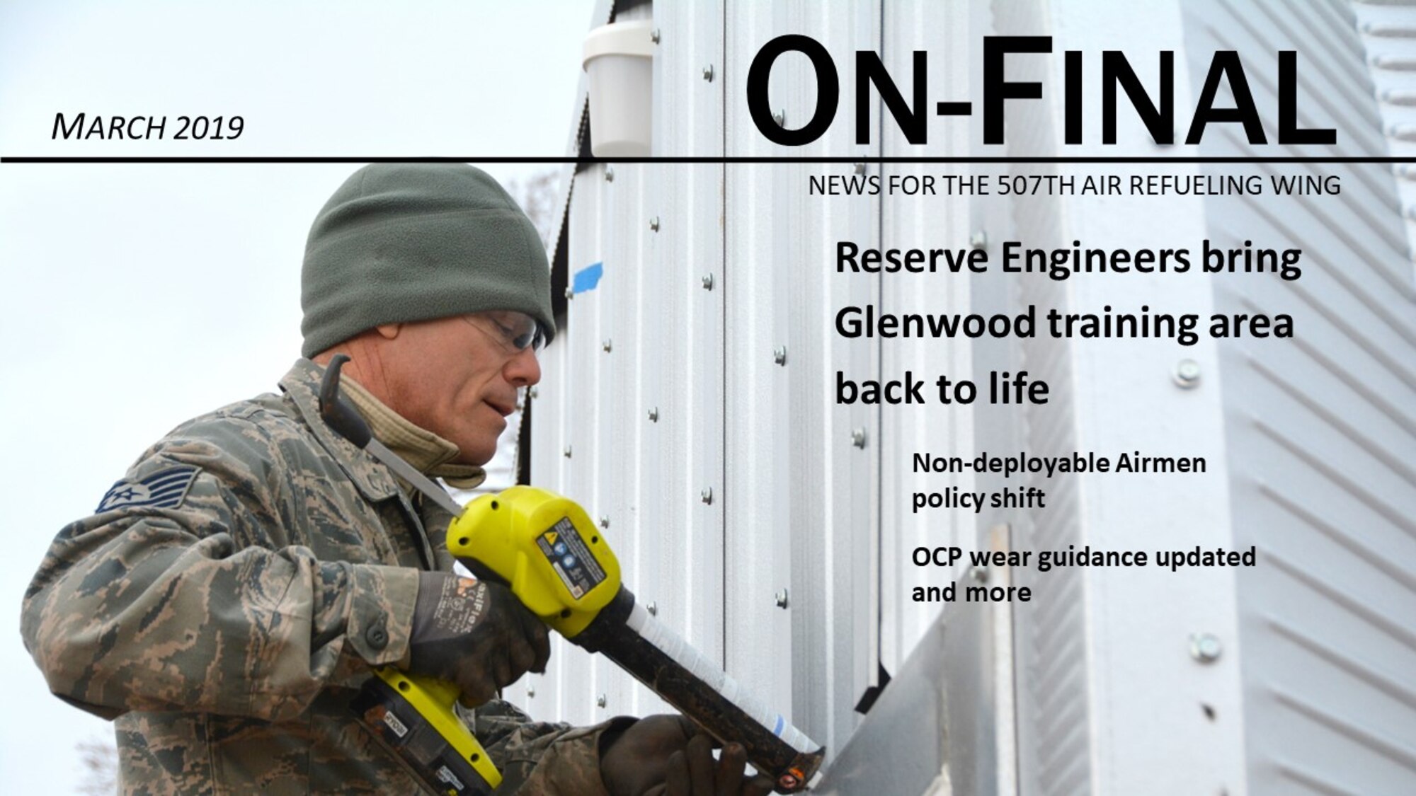 Tech. Sgt. Lyndon Jones, 507th Civil Engineer Squadron, works on the final touches of one of three new Quonset huts at the Glenwood training area in Midwest City, Oklahoma, February 26, 2019.