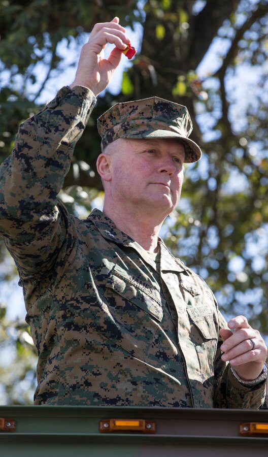 Maj. Gen. Bradley S. James, commander of Marine Forces Reserve and Marine Forces North, sits atop a 7-ton truck during the Krewe of Alla Mardi Gras parade in New Orleans, Feb. 24, 2019. James along with key leaders from MARFORRES took part in the parade to celebrate the Mardi Gras season with the New Orleans community. (U.S. Marine Corps photo by Sgt. Markeith D. Hall/Released)