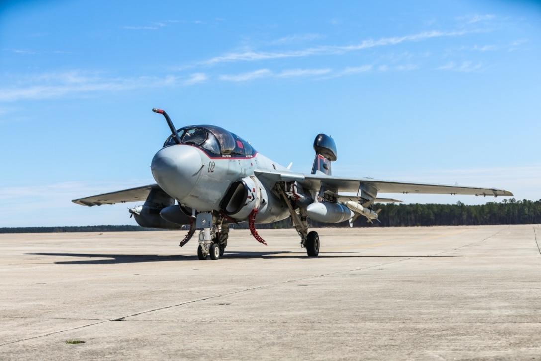 A U.S. Marine Corps EA-6B Prowler taxis down the flight line at Marine Corps Air Station Cherry Point, North Carolina, Feb. 26, 2019. Marine Tactical Electronic Warfare Squadron (VMAQ) 2 flew the aircraft in preparation for their final flight as the last remaining Prowler squadron in the Marine Corps. The aircraft is assigned to VMAQ-2, Marine Aircraft Group 14, 2nd Marine Aircraft Wing. (U.S. Marine Corps photo by Cpl. Jered T. Stone)