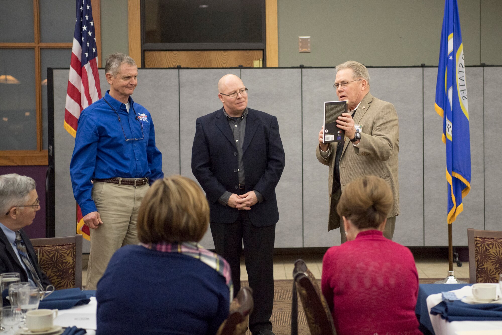 To the right, retired Col. Frank Faulkner, Grissom Community Council president, thanks Col. Dwight Meese, 434th Maintenance Group commander, for his presentation to the group during their general membership meeting at Grissom Air Reserve Base, Ind., Feb. 15, 2019. During the event Meese provided the state of the base to the organization. (U.S. Air Force photo/Master Sgt. Ben Mota)