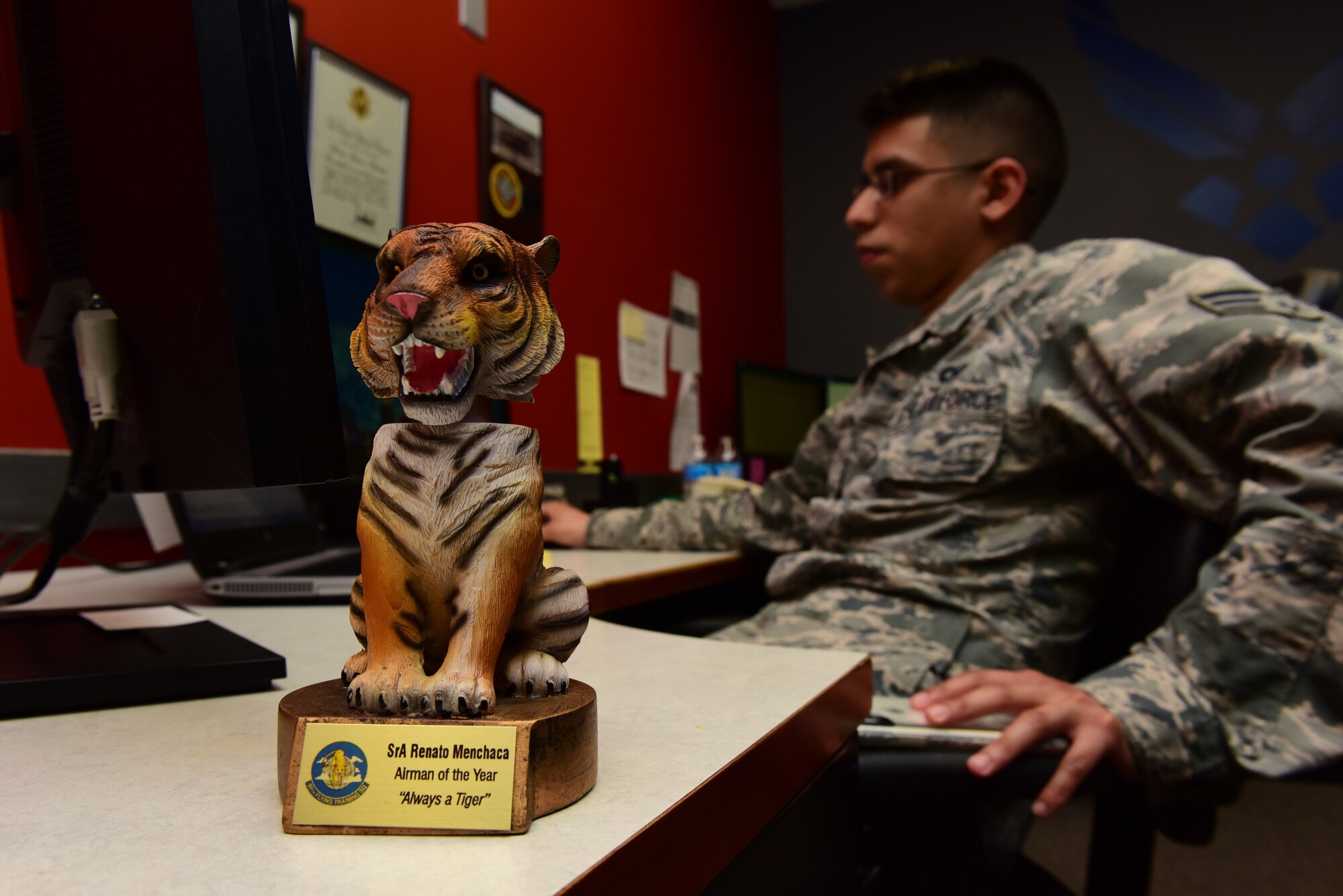 Senior Airman Renato Menchaca, 85th Flying Training Squadron aviation resource manager, carried on the Laughlin aviation resource management’s tradition of excellence in his own way by bringing home the 85th FTS Airman of the Year. Menchaca, a member of Laughlin’s “1Charlies,” or aviation resource managers, played a hand in the unit winning the 2018 Sgt. Dee Campbell Outstanding Small Unit Award, one of their many decorations. (U.S. Air Force photo by Senior Airman Benjamin N. Valmoja)