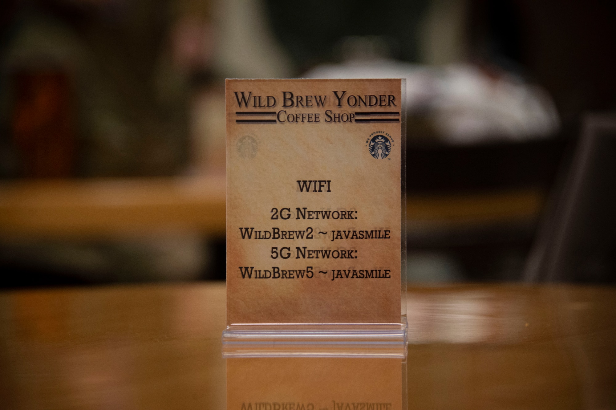 A placard for the Wild Brew Yonder coffee shop is placed on a table, Feb. 29, 2019 at Altus Air Force Base, Okla.