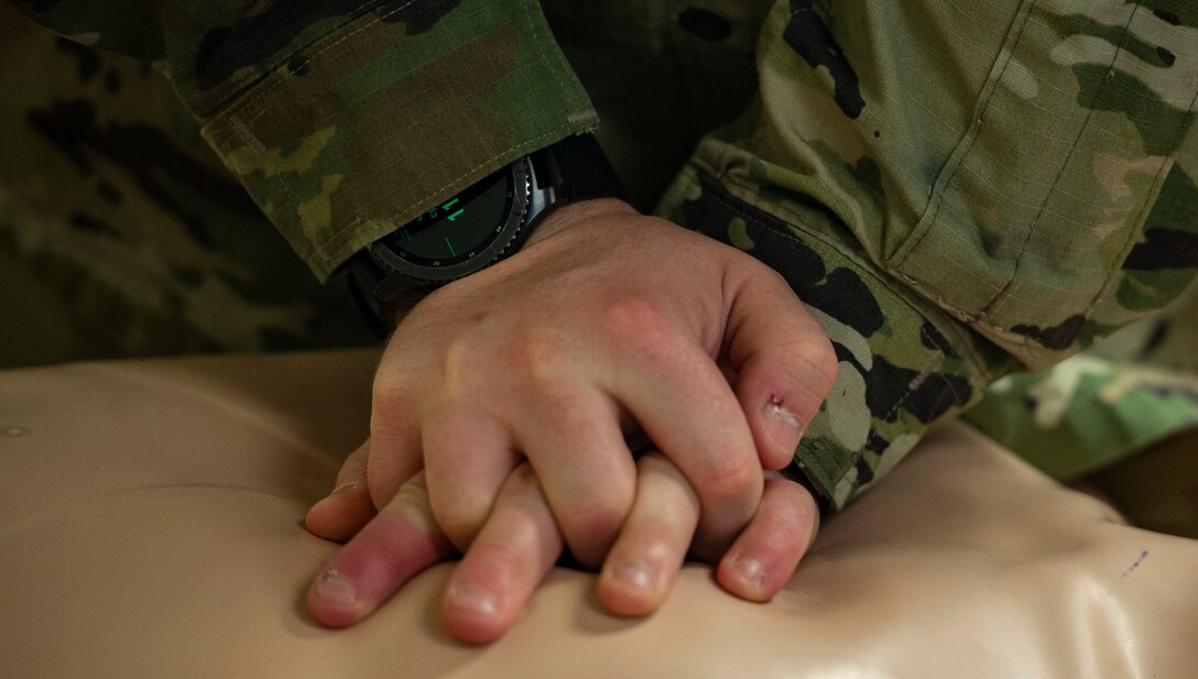 U.S. Air Force Senior Airman Andrew Hodgdon, 20th Security Forces Squadron (SFS) installation patrolman, performs chest compressions during a CPR course at Shaw Air Force Base, S.C., Feb. 27, 2019.