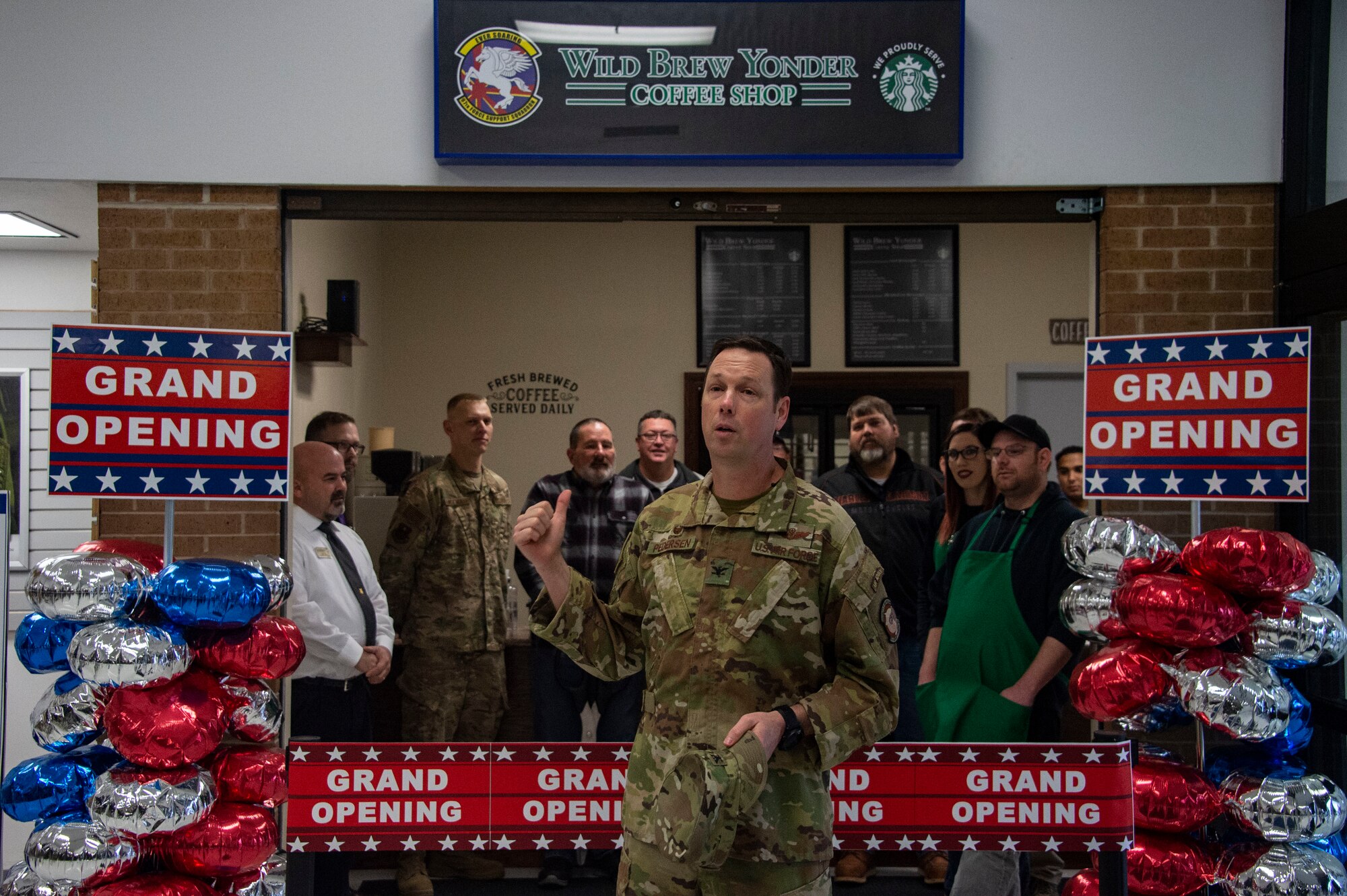 U.S. Air Force Col. Robert Pedersen, 97th Mission Support Group commander, talks about the efforts taken to open the new Wild Brew Yonder coffee shop, Feb. 29, 2019 at Altus Air Force Base, Okla
