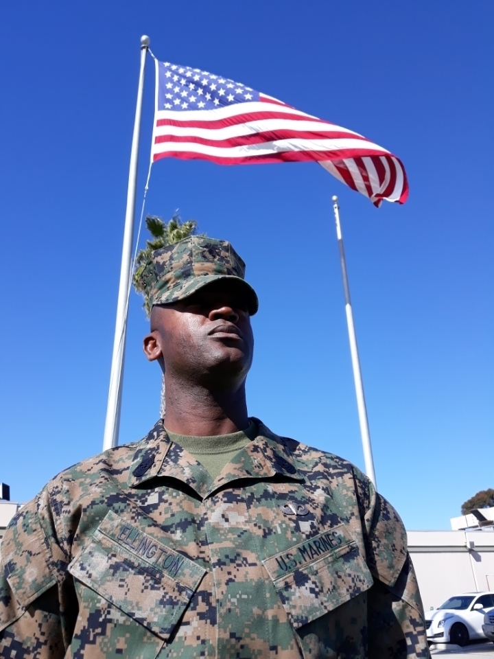 Sgt. Maj. Delwin K. Ellington poses for a photo following his relief ceremony at Marine Corps Air Station Miramar, Calif., Feb. 26. Ellington completed a three-year tour with his 3rd MAW family and is slated to assume the post as sergeant major of Special Purpose Marine Air Ground Task Force-Crisis Response-Central Command (SPMAGTF-CR-CC) 19.2 and deploy to Ahmad al-Jaber Air Base, Kuwait, late spring. (U.S. Marine Corps photo by Master Sgt. Christine Polvorosa)