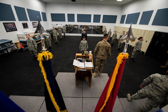 U.S. Air Force Staff Sgt. Brian Kanphaus, 92nd Air Refueling Wing base honor guard NCO in charge, prepares to instruct cadets of the Civil Air Patrol 21st Fairchild Composite Squadron at Fairchild Air Force Base, Washington, Feb. 26, 2019. Cadets from the 21st Fairchild Composite Squadron visited the base honor guard to learn drill movements and procedures conducted by honor guardsmen. (U.S. Air Force photo by Airman 1st Class Lawrence Sena)