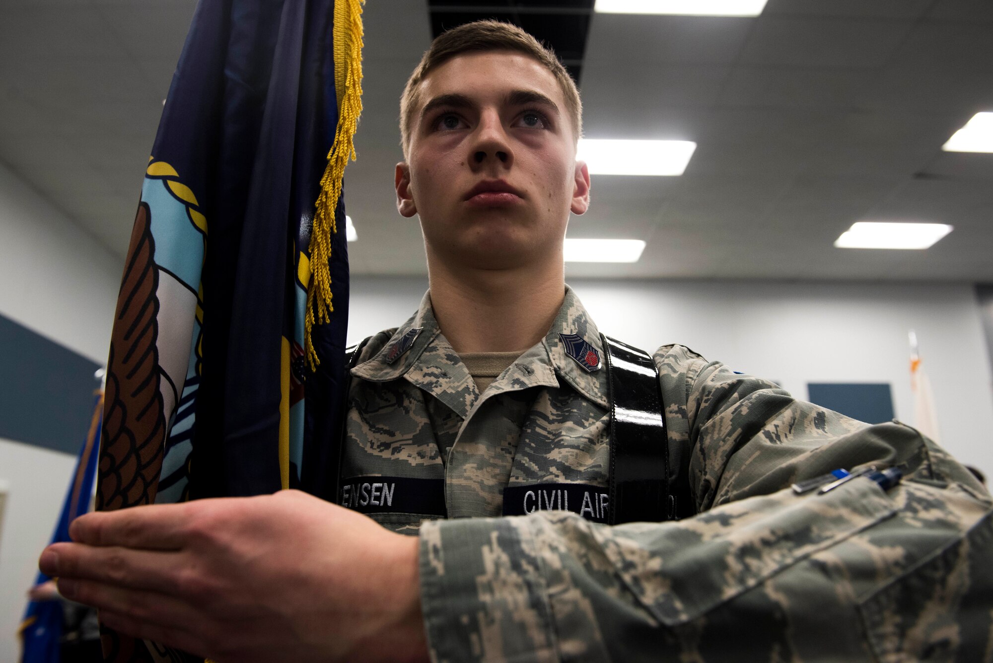 Civil Air Patrol Cadet Caleb Sorenson, 21st Fairchild Composite Squadron, performs the movement of “port arms” during a training with the 92nd Air Refueling Wing base honor guard at Fairchild Air Force Base, Washington, Feb. 26, 2019. The honor guard promotes the Air Force’s mission by showcasing excellence and discipline at public and military venues. (U.S. Air Force photo by Airman 1st Class Lawrence Sena)