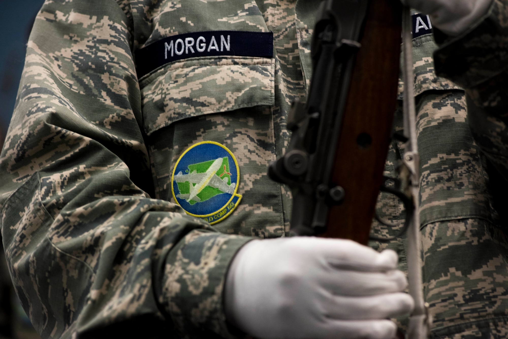 Civil Air Patrol Cadet Ezekiel Morgan, 21st Fairchild Composite Squadron, holds a rifle as part of training with the 92nd Air Refueling Wing base honor guard at Fairchild Air Force Base, Washington, Feb. 26, 2019. CAP promotes aviation and related education fields through aerospace and Science Technology Engineering and Mathematics education to help shape future leaders. (U.S. Air Force photo by Airman 1st Class Lawrence Sena)