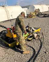 Sgt. Nolan Johnson with the 300th Sustainment Brigade performs a fuel site inspection in Erbil, Iraq, Feb.4, 2019.