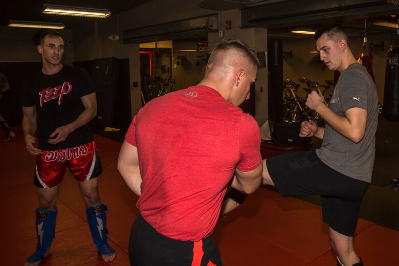 U.S. Marine Corps Sgt. Gianni Cappasso, an imagery analysis specialist assigned to Marine Fighter Attack Squadron 122, teaches Marines aboard Marine Corps Air Station (MCAS) Yuma Muy Thai techniques at the station gym on MCAS Yuma, Ariz., Feb. 13, 2019. Cappasso offers martial arts classes to Marines to provide them with the opportunity to use their spare time to become more deadly war-fighters and maintain a high level of physical fitness. (U.S. Marine Corps photo by Cpl. Isaac D. Martinez)