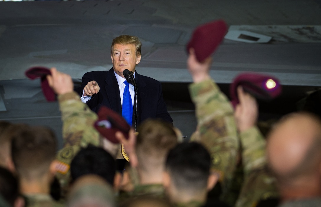 President Donald Trump recognizes U.S. Army paratroopers from the 4th Infantry Brigade Combat Team (Airborne), 25th Infantry Division, U.S. Army Alaska, during a speech at Joint Base Elmendorf-Richardson, Alaska, Feb. 28, 2019. More than 100 Airmen, Sailors, Soldiers, Marines and Coast Guardsmen listened to the President speak after returning to the country from a summit in Hanoi, Vietnam.