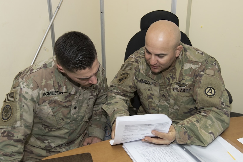 Staff Sgt. Jason Enriquez, small group leader, Camp Buehring, Kuwait, Basic Leader Course, gives guidence during a BLC assignment at Camp Buehring, Kuwait, Feb. 17, 2019. Enriquez says he does the most he can for his students, because his students' needs are more important than his own.