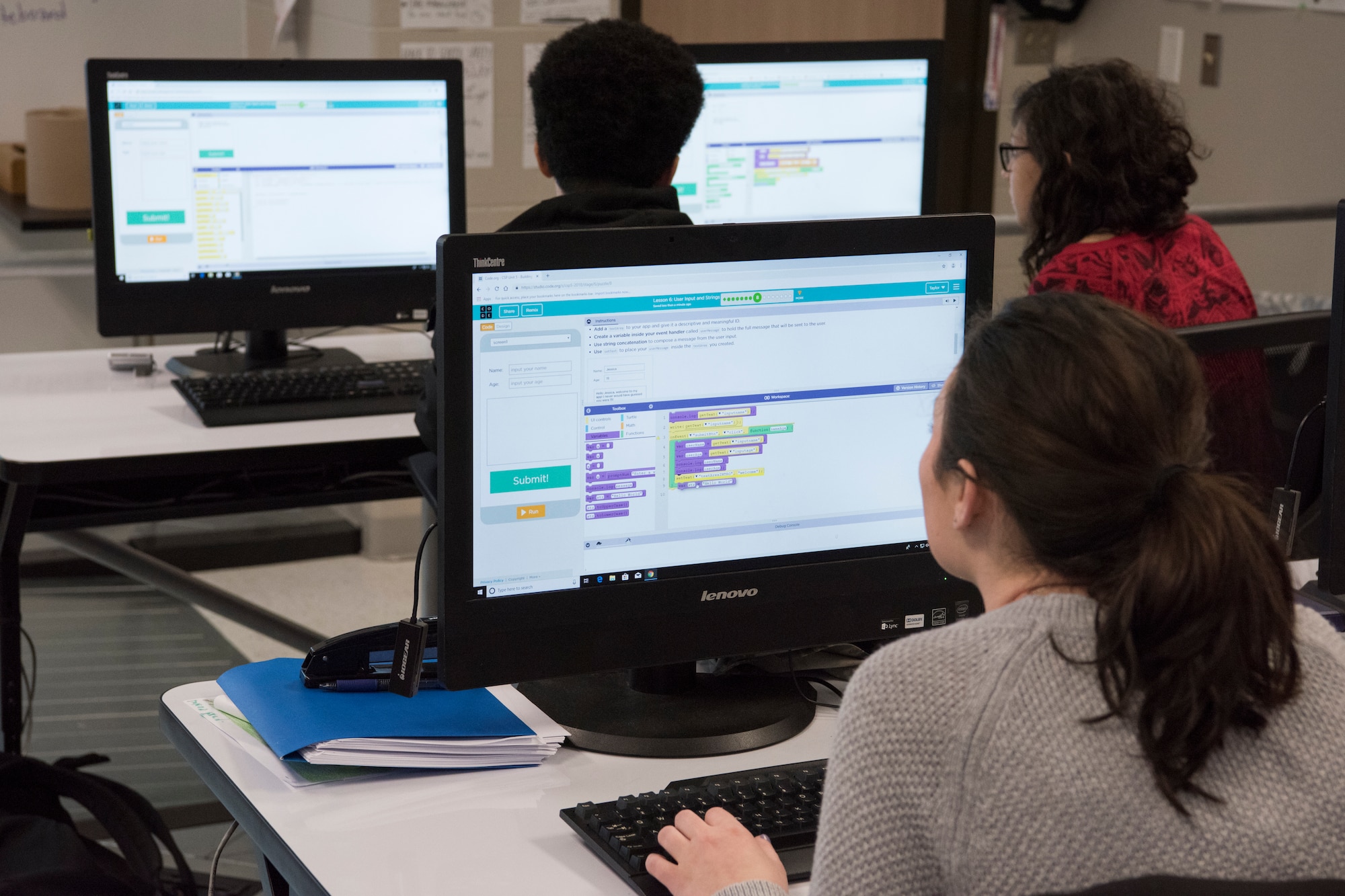 Students code app programs during computer class Feb. 13, 2019, at Virginia Allred Stacey Junior/Senior High School at Joint Base San Antonio-Lackland, Texas.