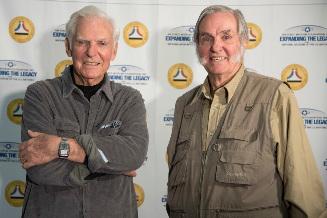 DAYTON, Ohio -- National Aviation Hall of Fame enshrinees and aviation legends Lt. Col.(Ret.) Dick Rutan and Burt Rutan pose for media photos at the National Museum of the USAF on Feb 21, 2019. (U.S. Air Force photo by Ken LaRock)