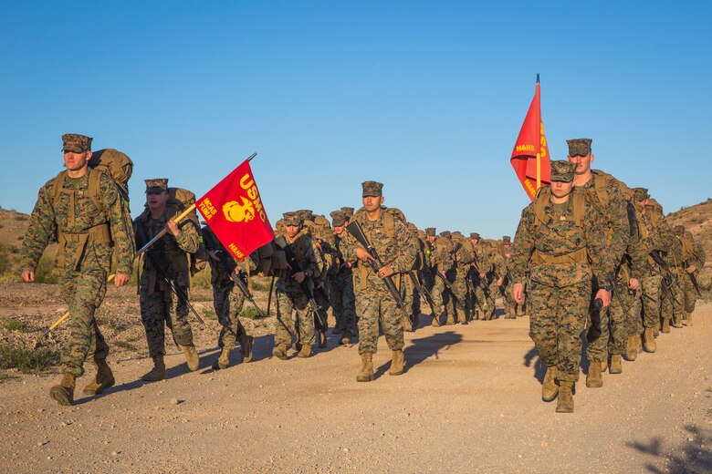 U.S. Marines and Sailors stationed on Marine Corps Air Station (MCAS) Yuma participate in "Operation Backbone" in Yuma, Ariz., Feb. 7, 2019. Operation Backbone is a quarterly unit exercise meant to strengthen the warrior's spirit in the non-commisioned officers (NCOs) and promote cohesion between them. The exercise consisted of a hike with the Headquarters and Headquarters Squadron (H&HS)  commanding officer and acting sergeant major, several classes, and a warriors night. Classes included simulated room clearing training, terrain model training, improvised explosive devices (IED) training, and the Family Advocacy Program on station sent out a representative to talk to the NCOs about leadership. (U.S. Marine Corps photo by Cpl. Isaac D. Martinez)