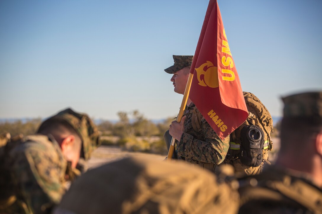 U.S. Marines and Sailors stationed on Marine Corps Air Station (MCAS) Yuma participate in "Operation Backbone" in Yuma, Ariz., Feb. 7, 2019. Operation Backbone is a quarterly unit exercise meant to strengthen the warrior's spirit in the non-commisioned officers (NCOs) and promote cohesion between them. The exercise consisted of a hike with the Headquarters and Headquarters Squadron (H&HS)  commanding officer and acting sergeant major, several classes, and a warriors night. Classes included simulated room clearing training, terrain model training, improvised explosive devices (IED) training, and the Family Advocacy Program on station sent out a representative to talk to the NCOs about leadership. (U.S. Marine Corps photo by Cpl. Isaac D. Martinez)