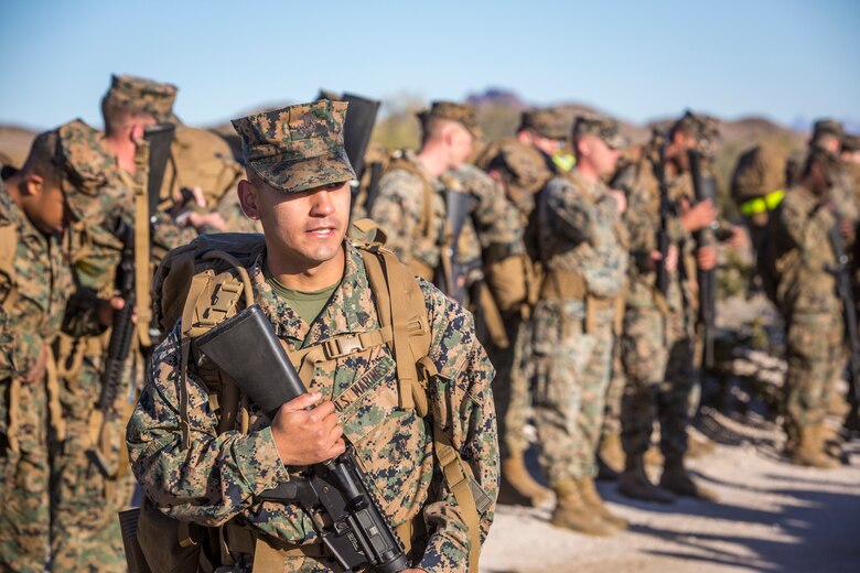 U.S. Marines and Sailors stationed on Marine Corps Air Station (MCAS) Yuma participate in "Operation Backbone" in Yuma, Ariz., Feb. 7, 2019. Operation Backbone is a quarterly unit exercise meant to strengthen the warrior's spirit in the non-commisioned officers (NCOs) and promote cohesion between them. The exercise consisted of a hike with the Headquarters and Headquarters Squadron (H&HS)  commanding officer and acting sergeant major, several classes, and a warriors night. Classes included simulated room clearing training, terrain model training, improvised explosive devices (IED) training, and the Family Advocacy Program on station sent out a representative to talk to the NCOs about leadership. (U.S. Marine Corps photo by Cpl. Isaac D. Martinez)