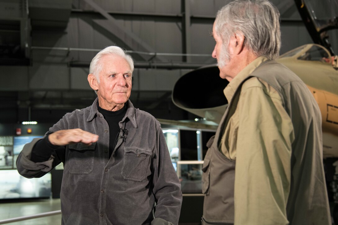 DAYTON, Ohio -- National Aviation Hall of Fame enshrinees and aviation legends Lt. Col.(Ret.)Dick Rutan and Burt Rutan share their comments with media at the National Museum of the USAF on Feb 21, 2019. (U.S. Air Force photo by Ken LaRock)