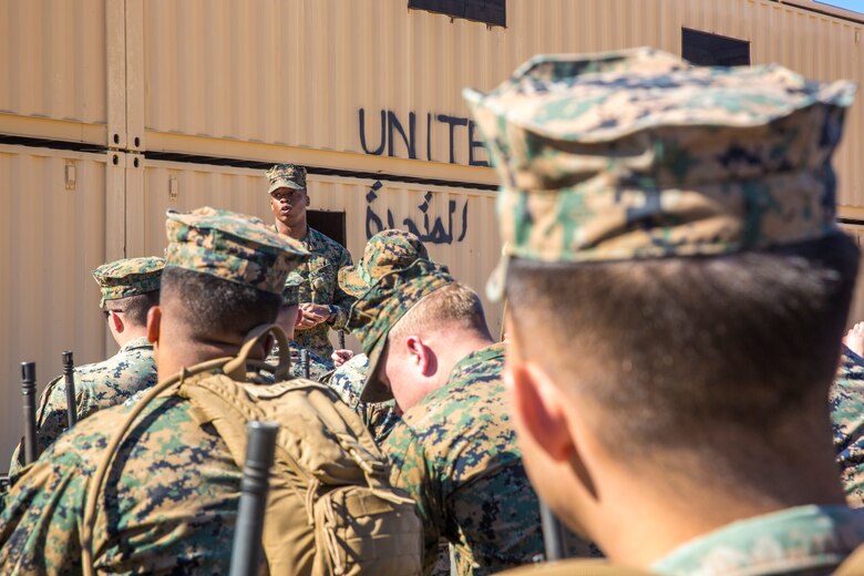 U.S. Marines and Sailors stationed on Marine Corps Air Station (MCAS) Yuma participate in "Operation Backbone" in Yuma, Ariz., Feb. 7, 2019. Operation Backbone is a quarterly unit exercise meant to strengthen the warrior's spirit in the non-commisioned officers (NCOs) and promote cohesion between them. The exercise consisted of a hike with the Headquarters and Headquarters Squadron (H&HS)  commanding officer and acting sergeant major, several classes, and a warriors night. Classes included simulated room clearing training, terrain model training, improvised explosive devices (IED) training, and the Family Advocacy Program on station sent out a representative to talk to the NCOs about leadership. (U.S. Marine Corps photo by Cpl. Isaac D. Martinez)