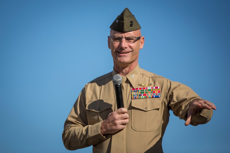 U.S. Marine Corps Col. David A. Suggs, commanding officer, Marine Corps Air Station Yuma, gives his opening remarks during Yuma Military Appreciation Day in Downtown Historic Yuma on Feb. 16, 2019. Military Appreciation Day is held to show the importance of the relationship between the City of Yuma and our service members and veterans. (U.S. Marine Corps photo by Sgt. Allison Lotz)